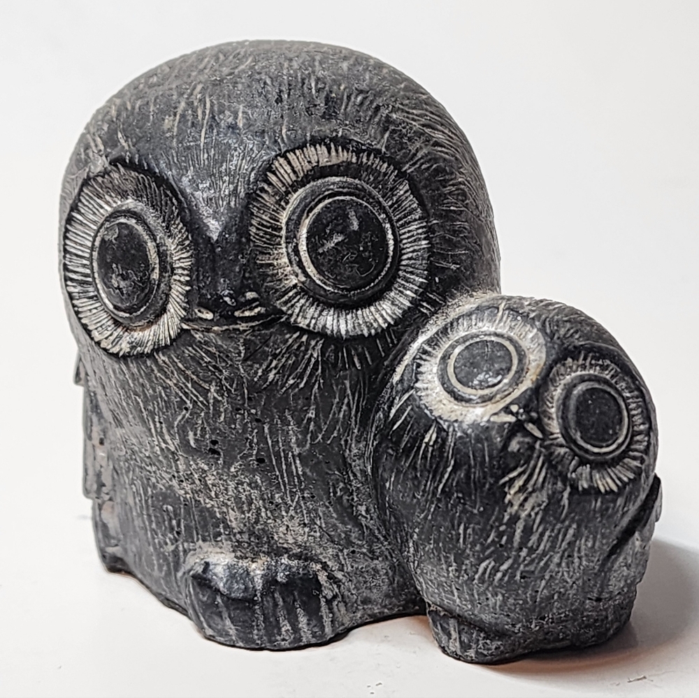 Carved Stone Owls,Black Soapstone Owl-Owlet, "A Wolf Original" Inuit Art Canada